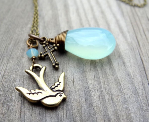 Aqua Blue Chalcedony Bronze Wire Wrap Pendant handmade Necklace with Cross Dove Bird crystal bead charm Christian Religious Jewelry