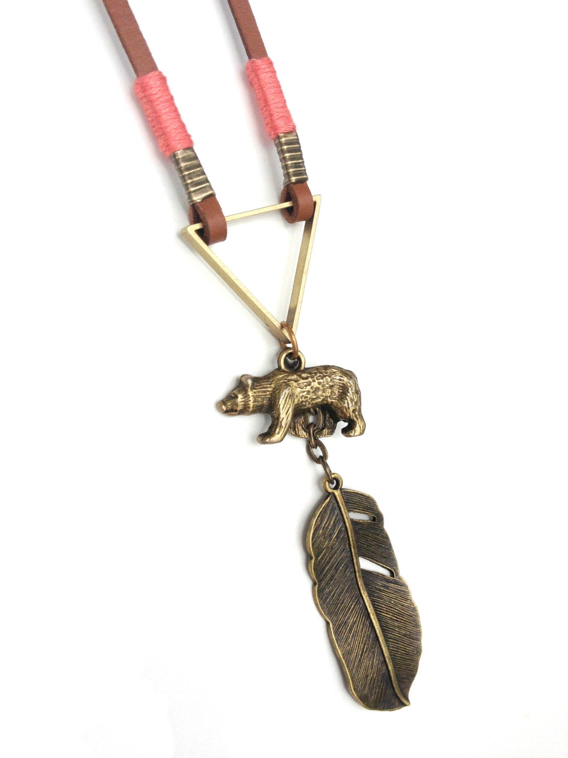 Tribal Brass Feather Bear and Triangle with Coral Peach Pink Thread Leather Necklace