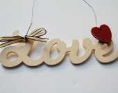 Hanging Shabby Chic Love sign with Vintage ribbon and red heart