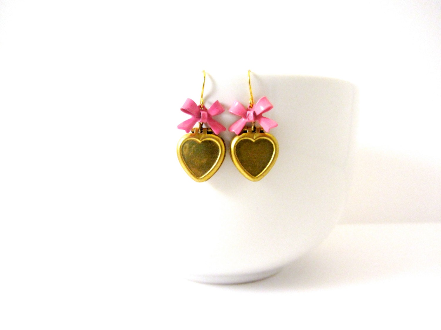 Heart Locket Earrings, Pink and Blue Bow Dangle Earrings, Choose One, Pink and Blue Bows with Gold Heart Locket