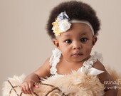 Mustard Gray Baby Headband, Shabby flower headband, newborn headband, Satin Rosette headband, Baby girl Headband