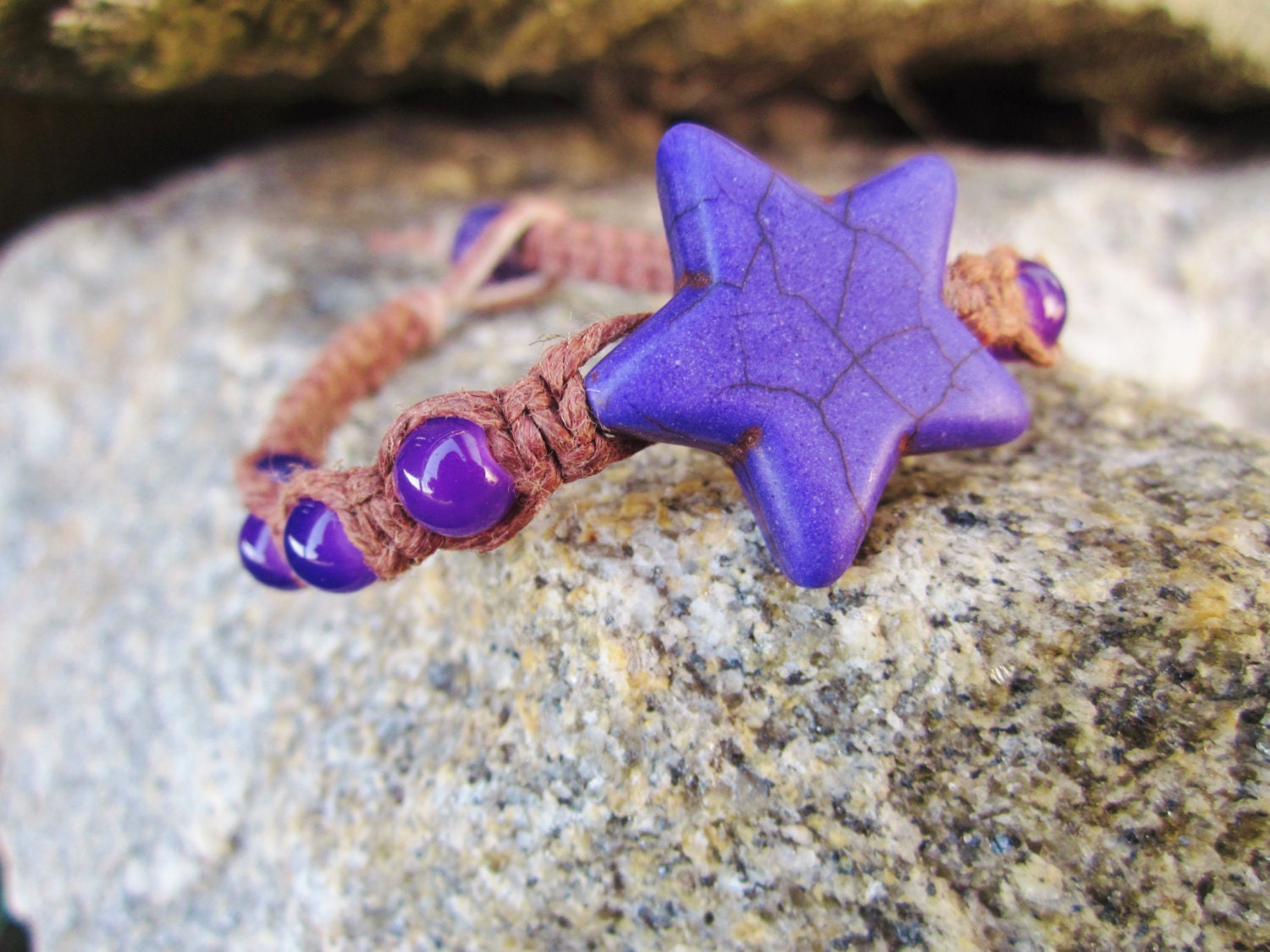 Star Bracelet - Purple Jade Beads - Macrame Jewelry - Beaded Hemp Bracelet