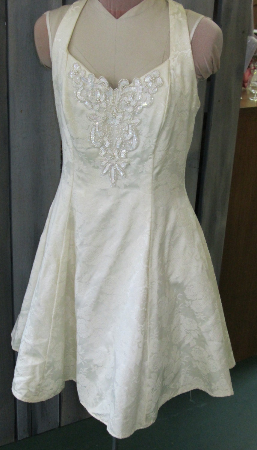 Vintage 80's Short Ivory Halter Dress with Sequined Applique with attached Crinoline Bridal, Special Occasion or Costume