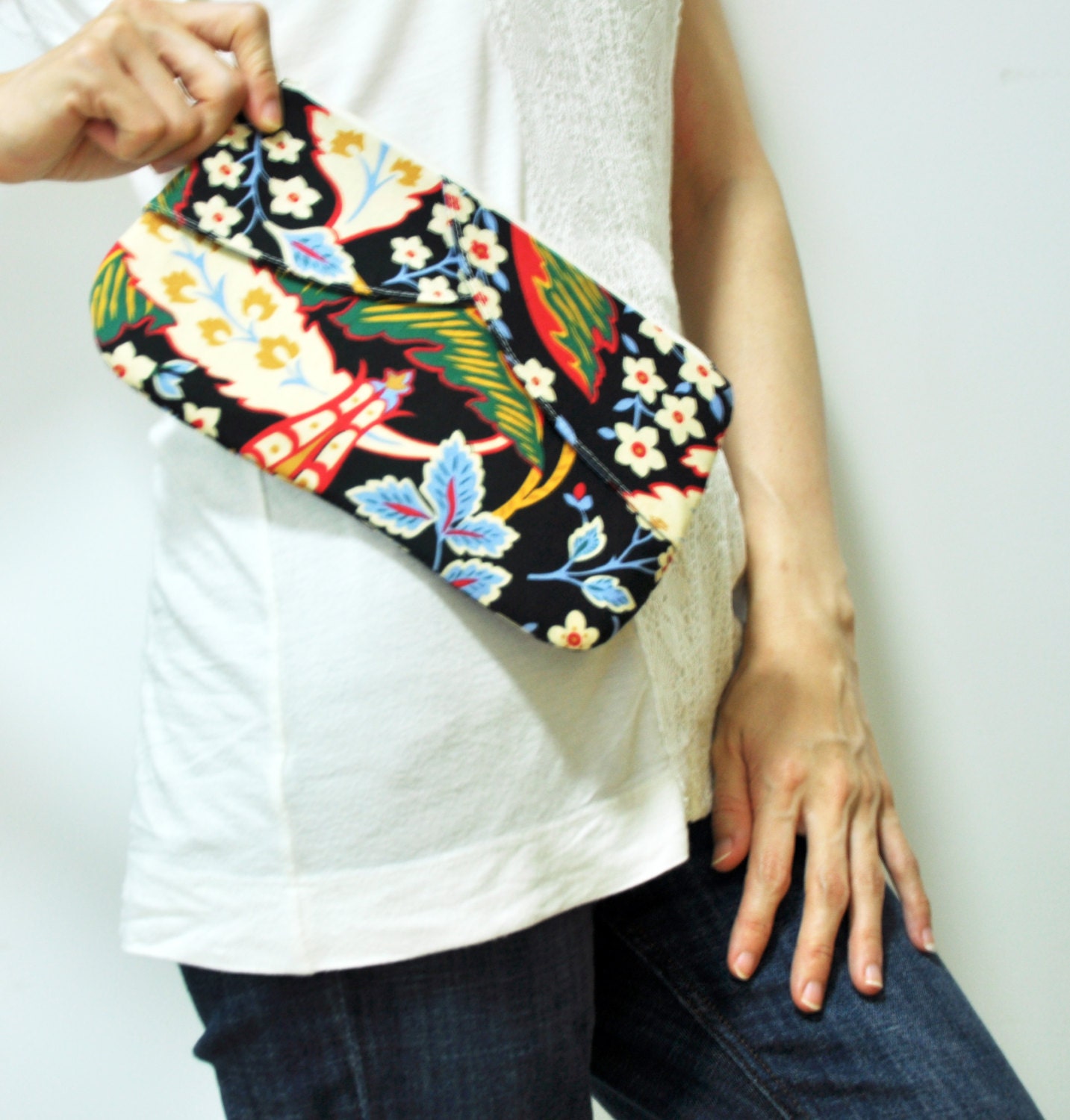 Summer Sale 10% OFF Black Floral Clutch Handmade Pouch Purse Cosmetic Case Makeup Bag Bridesmaid Dinner Pouch