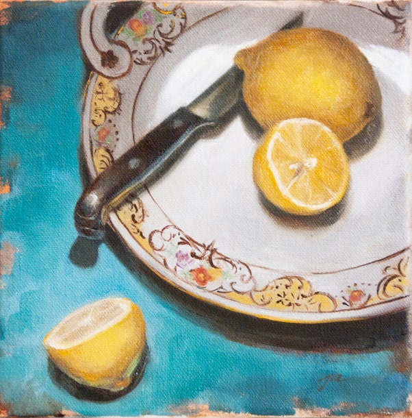 original oil painting, "lemons 1", oil on canvas, small still life, framed