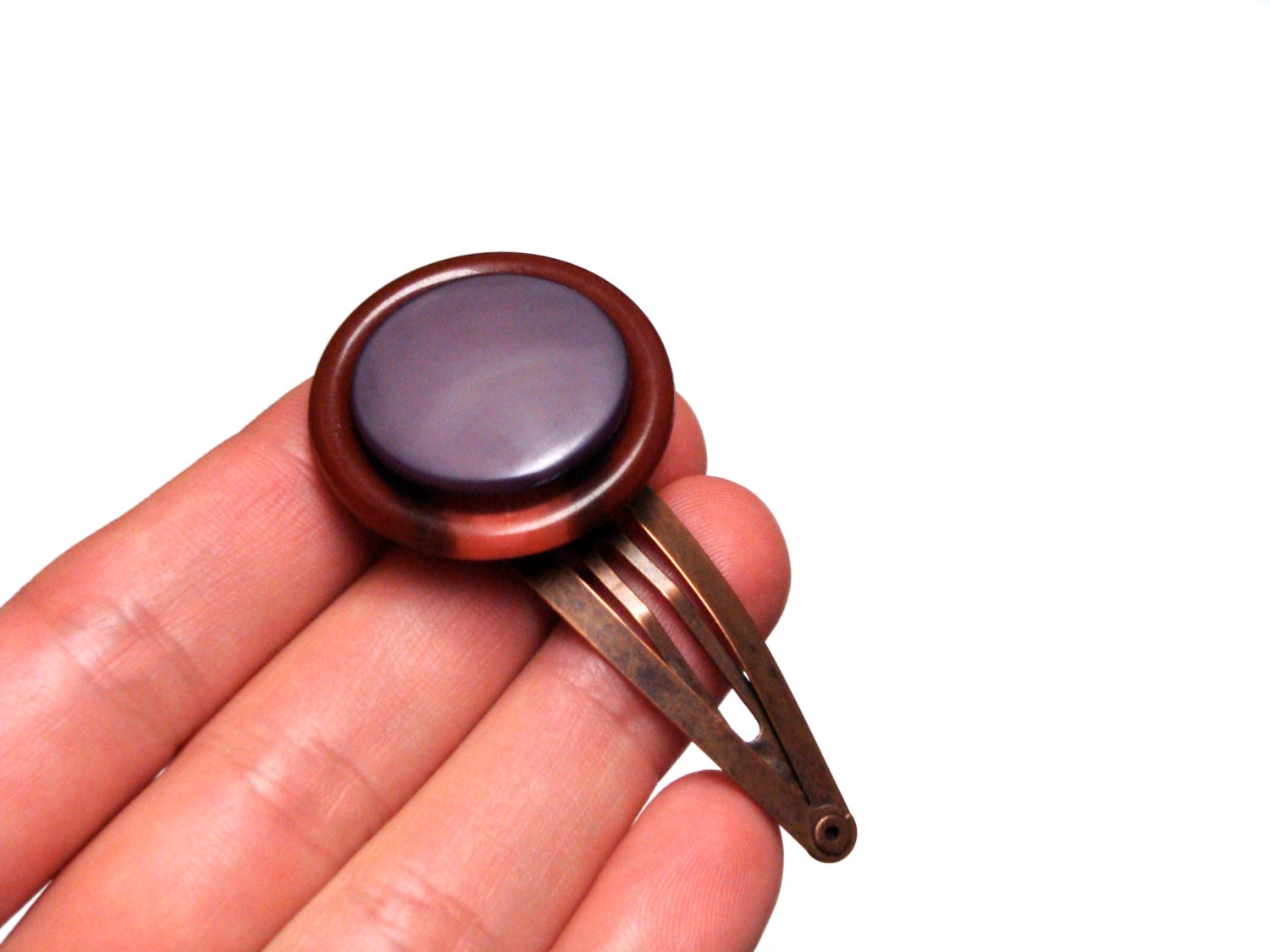 Vintage Button Snap Clip, Lavender Burgundy Hair Clippie, Stacked Button Copper Clip In, Teen Hair Accessory, Cute Hair Snap - "Misty Moon"