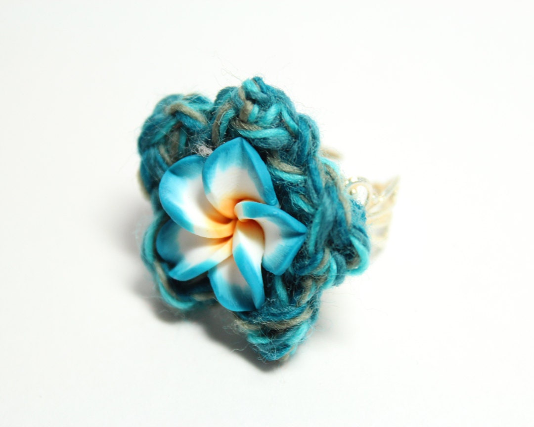 Teal plumeria ring.  Flower crochet ring. Crochet flower jewelry.