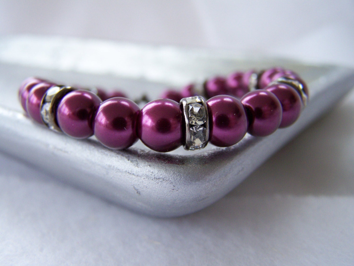 Dark Plum and Gunmetal Gray Faux Pearl and Crystal Beaded Bracelet - Handmade Jewelry - Wedding Jewelry - Bridesmaid Gift - Ready to Ship