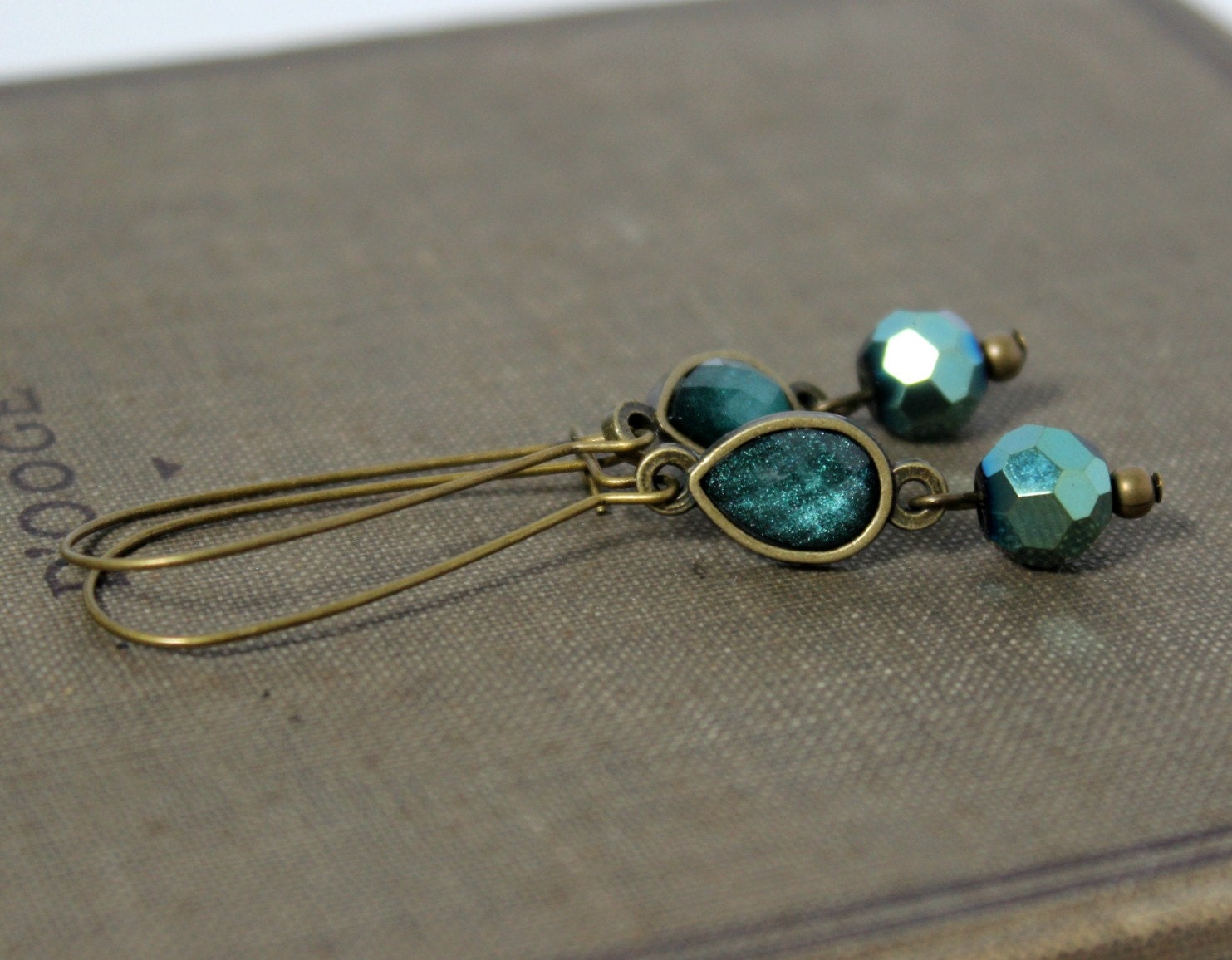 Antiqued Gold and Teal Green Teardrop Dangle Earrings on Kidney Earwires - Long Earrings - Handmade Jewelry - Ready to Ship