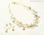 Jewelry set - Pastel blue and pink stone necklace with crystal on silk thread, and matching earring, blue, brown, cream, pink