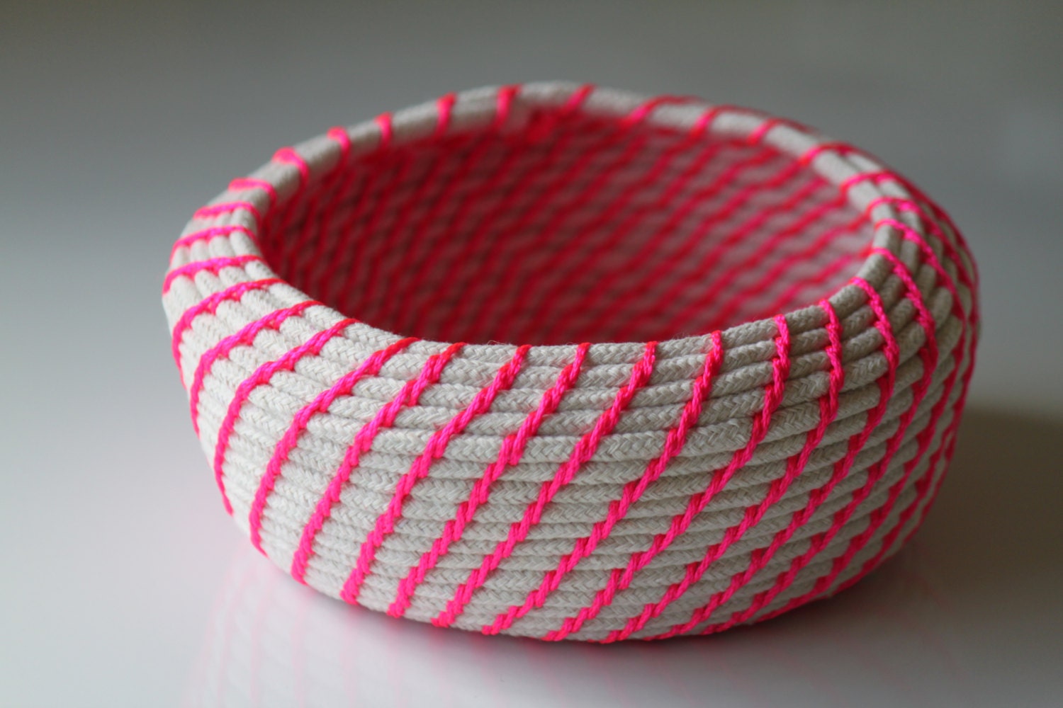 Upcycled Natural & Neon Rope Basket: Pink / Coiled / Medium