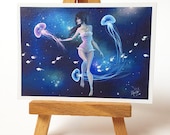 ACEO archival print - "Hello" - digital painting of a girl in space with jellyfish - sci fi fantasy artwork