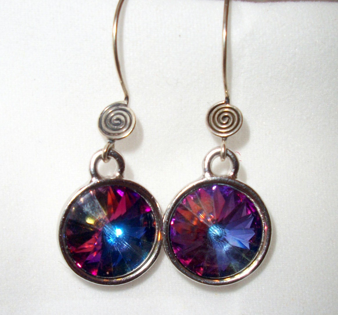 Gorgeous Blue & Purple Swarovski Crystal Rivolli Earrings, Bali Sterling Swirl Wires