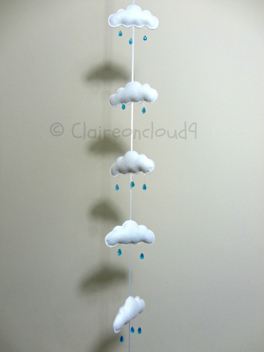 WHITE CLOUDS with Aqua Crystal Raindrops MOBILE Garland Wall Hanging Baby Nursery Kids Bedroom Home Decoration