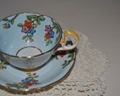 SALE AYNSLEY Bone China  Tea Cup and Saucer pale blue with gold trim and pretty flowers