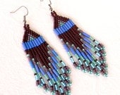 Brown, blue and turquoise seed bead earrings -  dangle long earrings