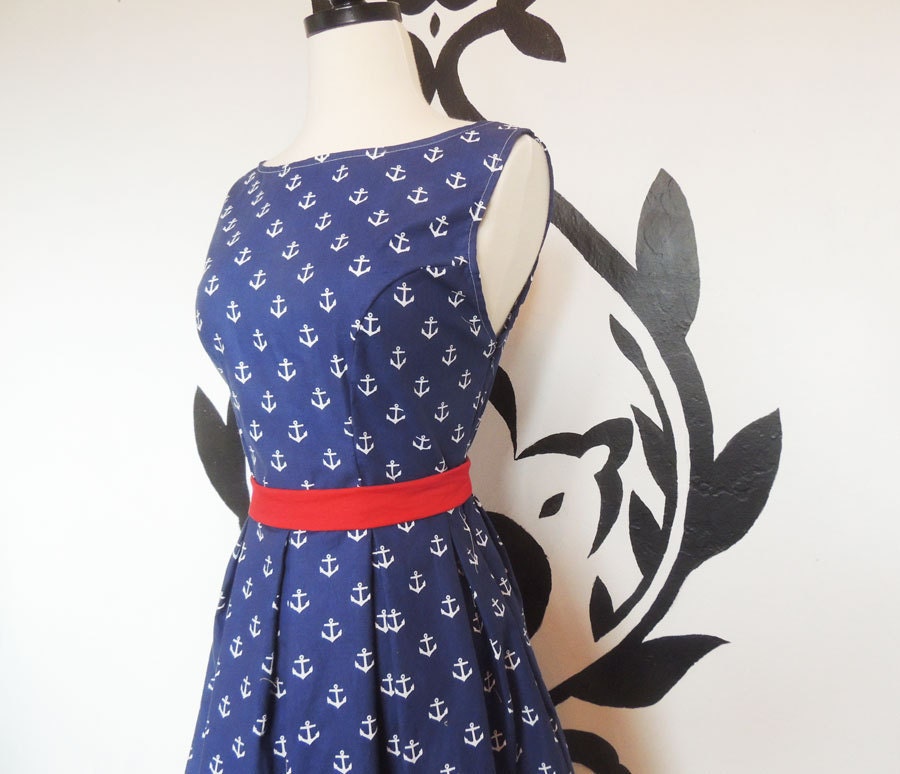 Anchor Dress - Nautical, Navy Blue and Red, Boat Neck,  Vintage Inspired, Womens Dress