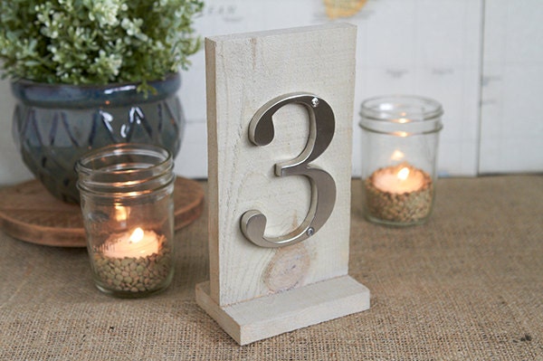 Wood and Metal Handmade Table Numbers - Fancy Modern Table Numbers - High End Wedding Table Numbers -White Gray Wood & Silver Numbers