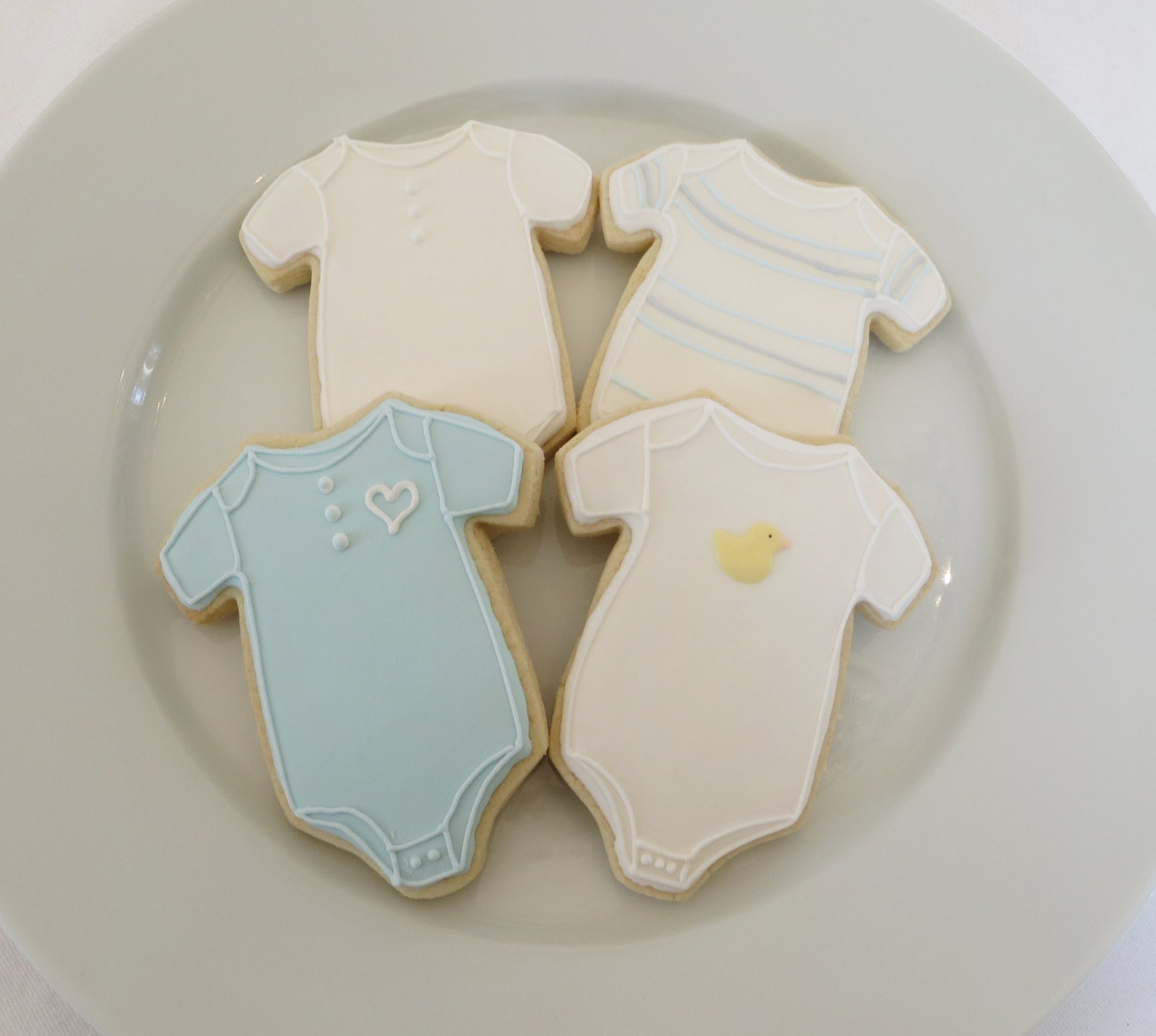 Baby Boy Onesie cookie favors for a baby shower or baby gender reveal party, decorated in gray and blue, 1 dozen