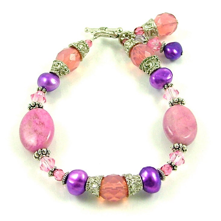CLEARANCE-Princess Pink & Purple Bracelet with Stone, Pearl and Czech Glass Beads