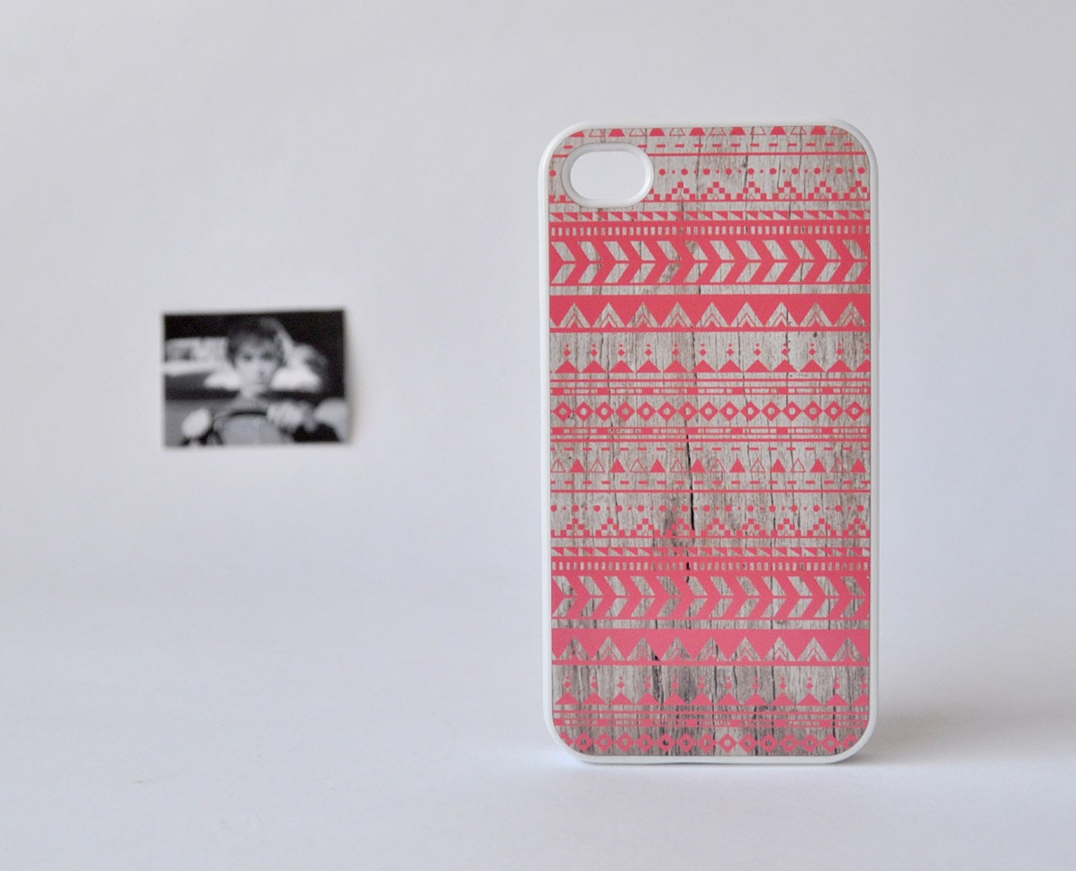 iPhone 4 Case - iPhone 4s Case - Coral Aztec iPhone Case over Wood Print - Aztec iPhone 4 Case - Geometric iPhone Case - Wood iPhone Case