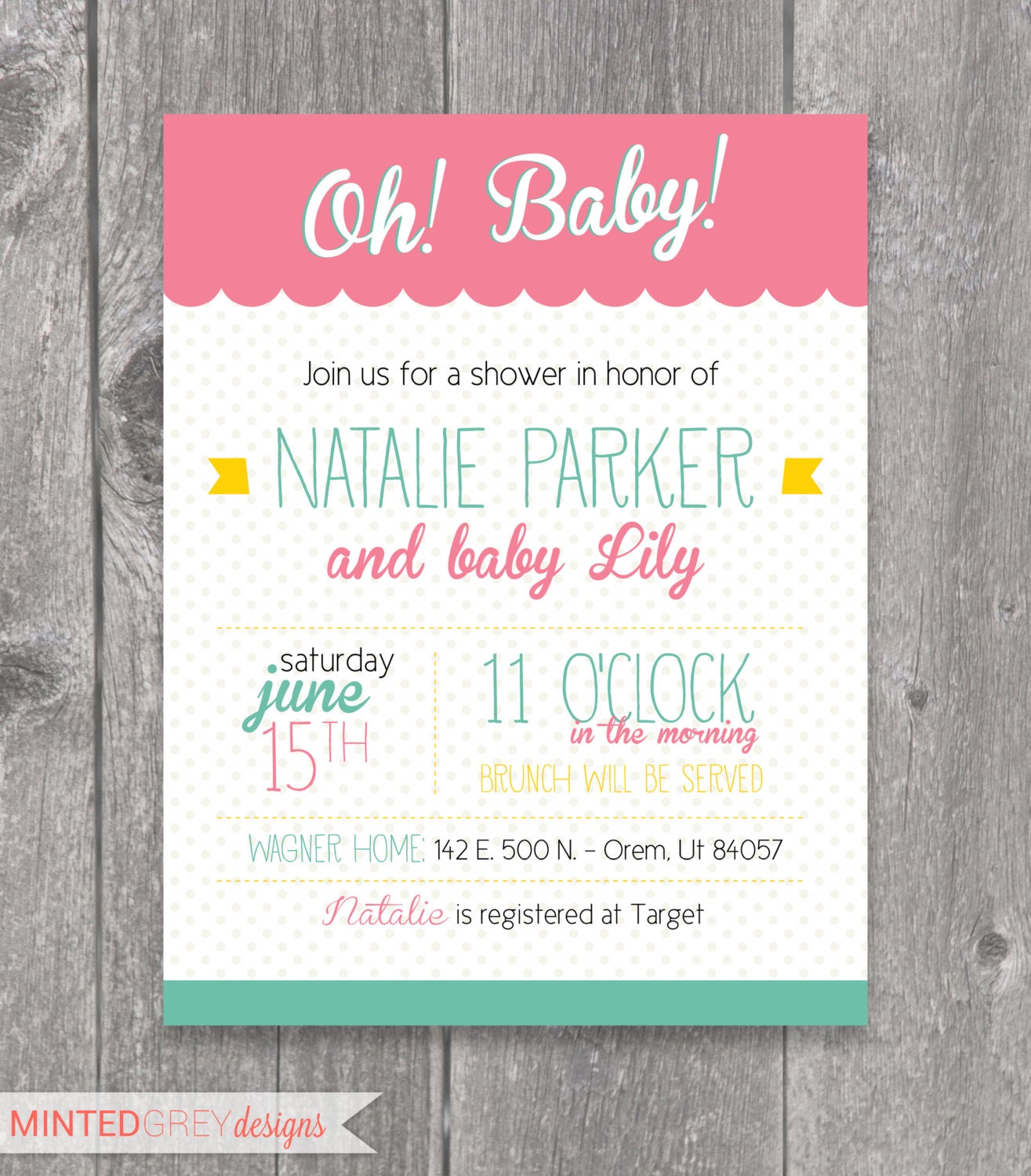 Printable Pink, Turquoise & Yellow Baby Shower Invitation