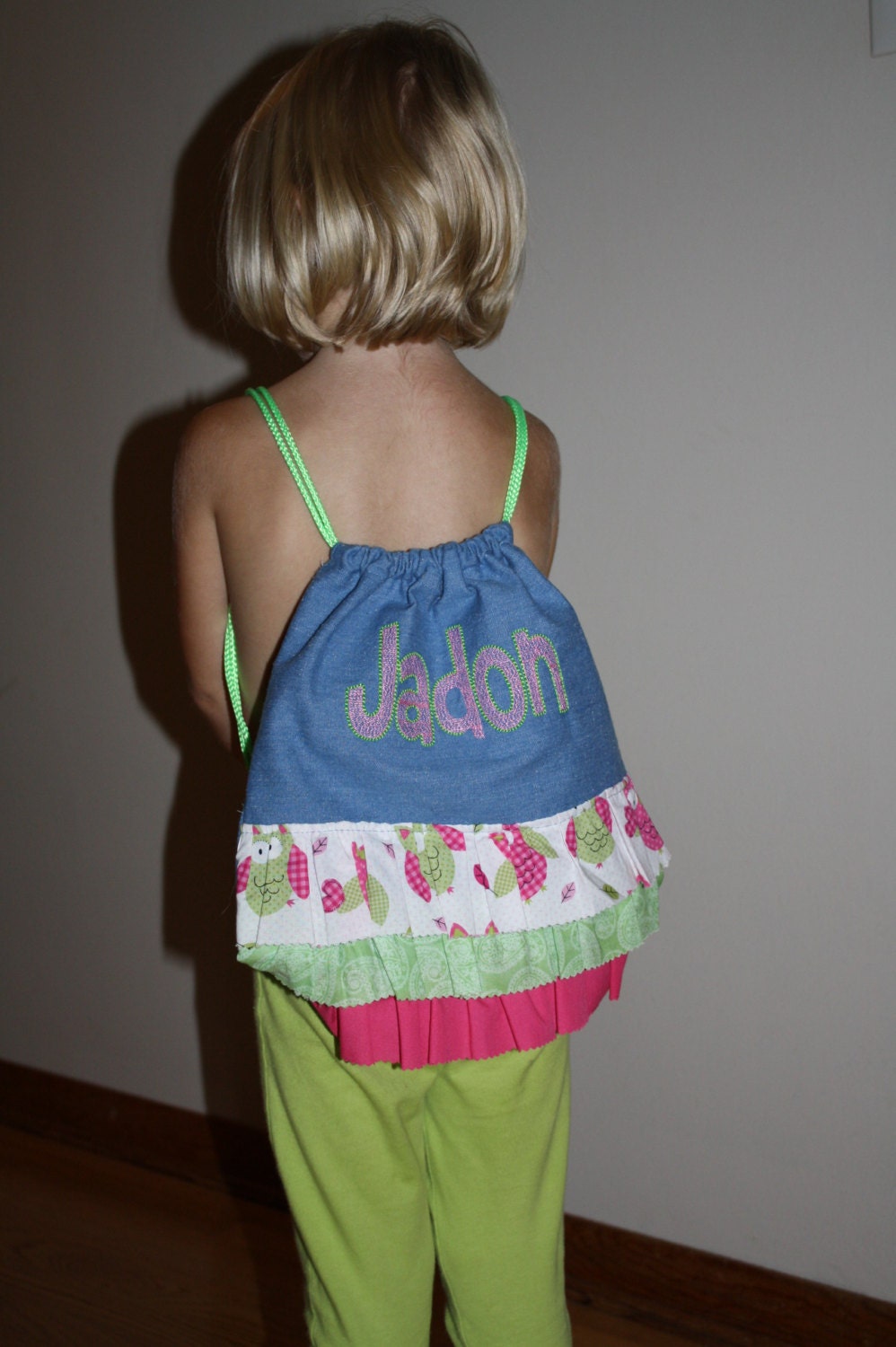 Toddler - Preschooler handmade, personalized drawstring backpack with ruffles, denim