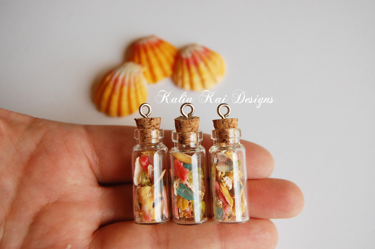 Genuine Sunrise Shell chips filled glass vial pendant, sea glass, pink coral branch, hawaiian sunrise shell chips, Sunrise shells