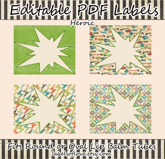 Editable PDF File - 15 Unique Lip Balm Tube Labels - "Heroic"