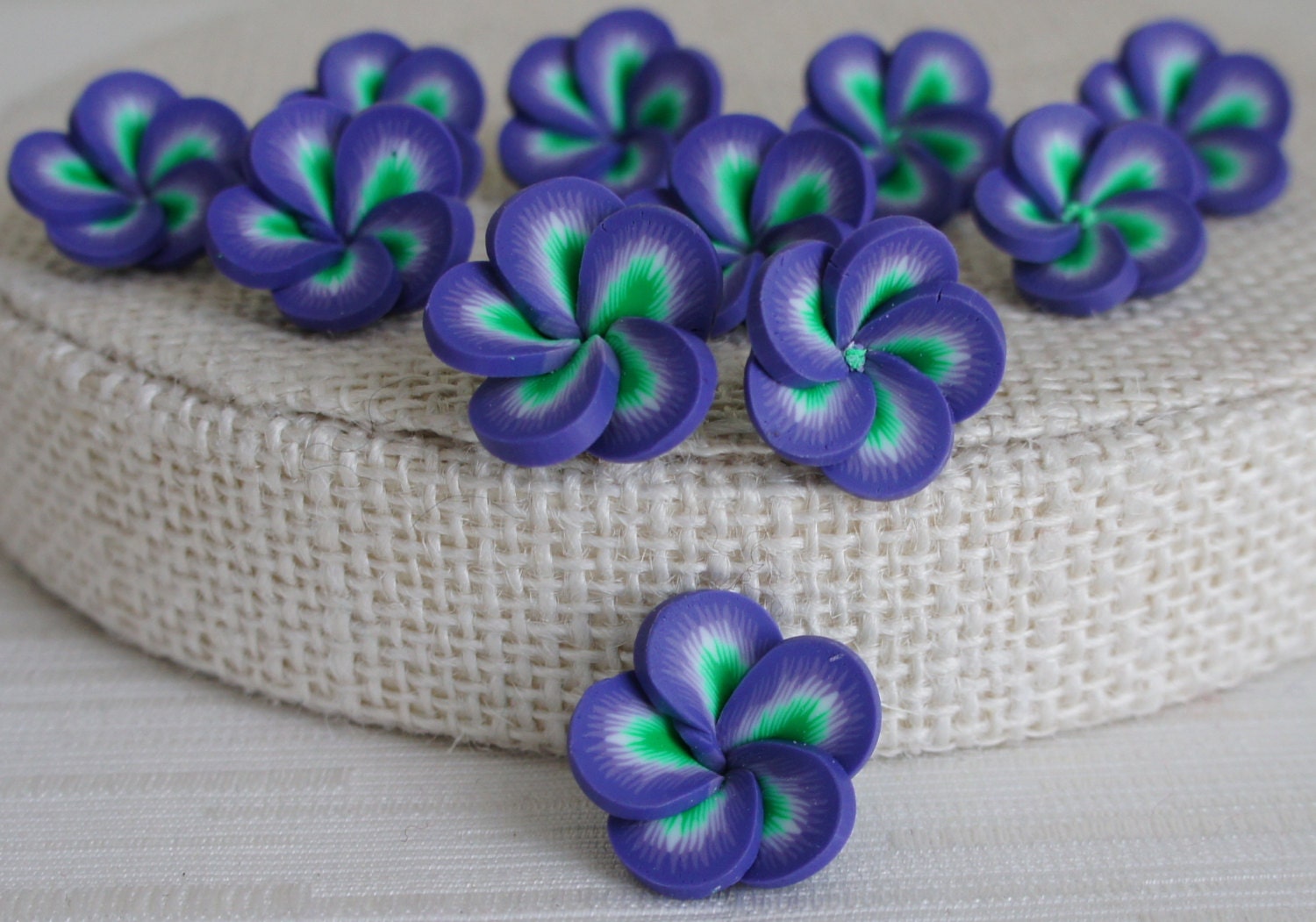 Small Green and Purple Flower Polymer Clay Beads - 3pcs