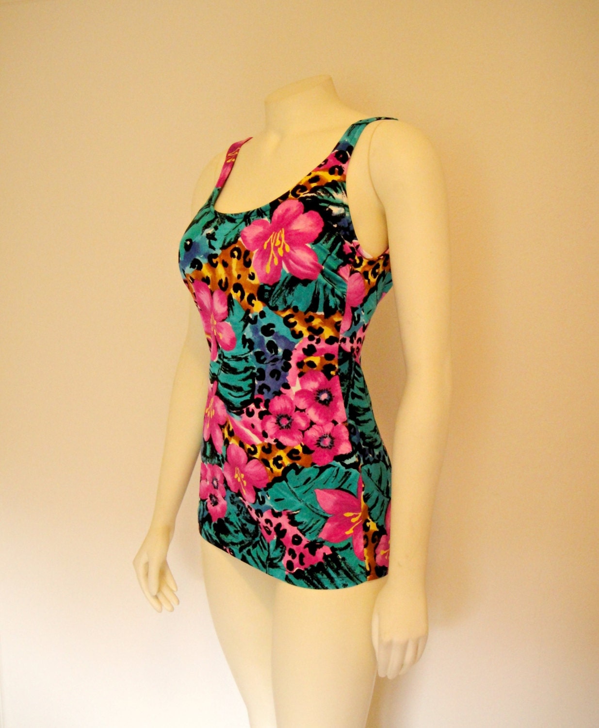 Vintage. 80's Bathing Suit. One Piece. Floral Animal Print. Green. Blue. Magenta. Low Back. Swimwear. Built in Bra. Skirted. Small Medium