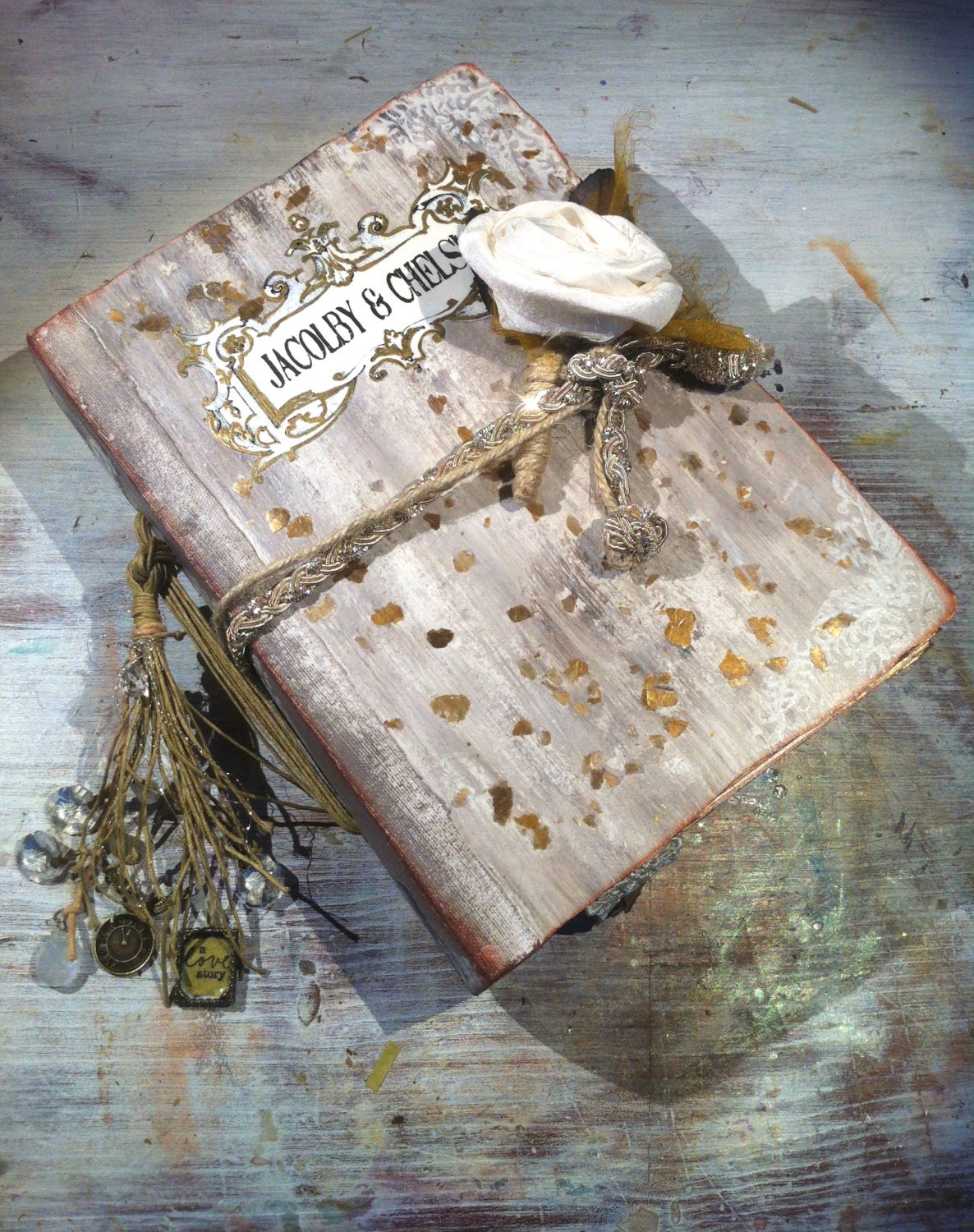 Rustic French Barn Fairytale Literary Theme Wedding Photo Album Scrapbook Guest Book  With Silk Boutonniere.