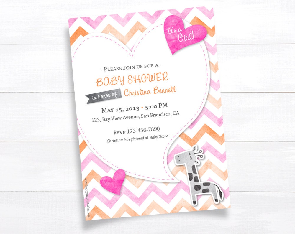 Giraffe Baby Shower Invitation Printable Baby Shower Invite Gray Pink and Orange Chevron Invitation Custom Baby Girl Digital File DIY