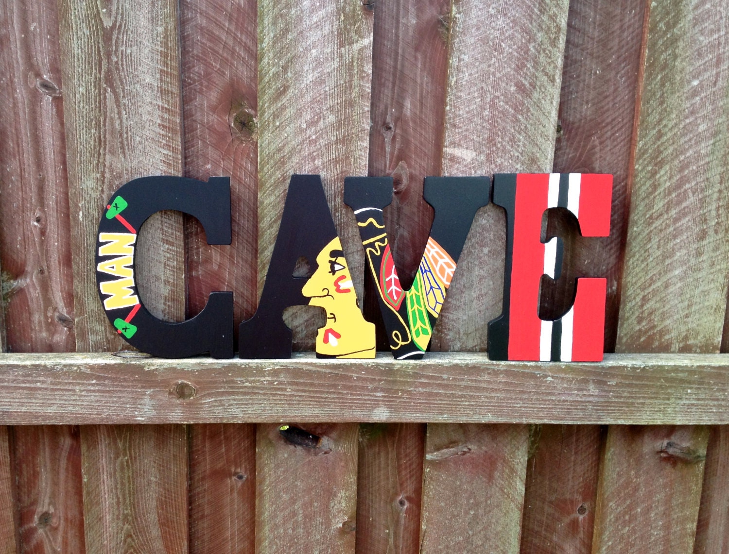 9" Sports "Man Cave" wall art- Wooden sports letters- Chicago Blackhawks- Any team available- Man wall hanging- Boys Wall Decor