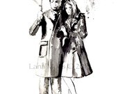 Love autumn rain romance Fine art Print from Original Watercolor Painting, contemporary modern wall art illustration