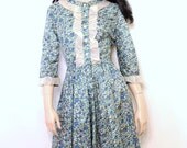 Vintage 1950s ROCKABILLY DRESS Floral Blue Green Nylon w/ RUFFLES