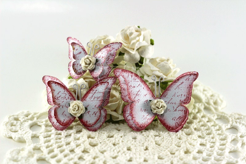 Shabby Script Butterflies - Pink - Handmade Scrapbooking Embellishment - 3 Pieces