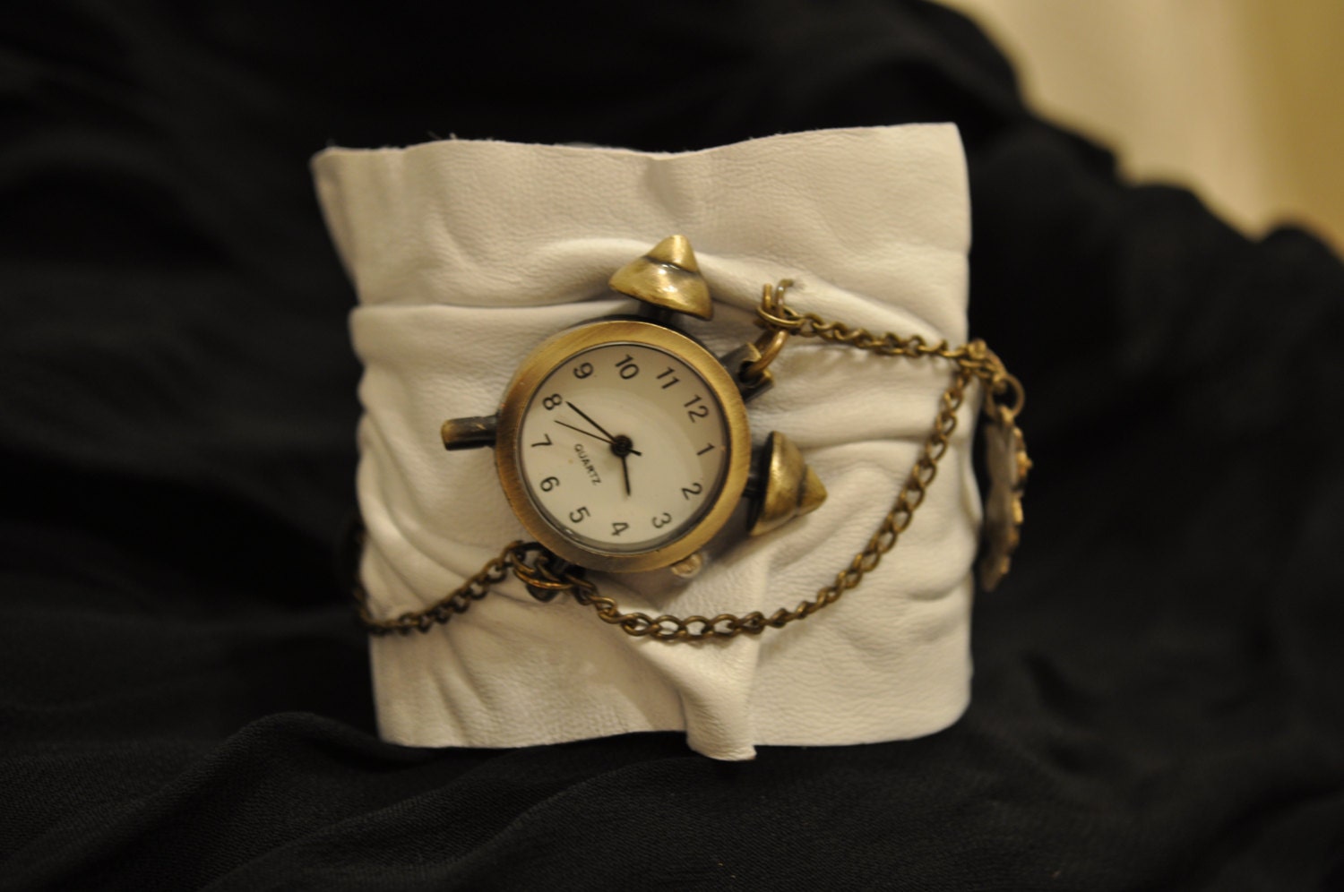 Leather Cuff / Women Handmade White Leather Wrist Bracelet With Chain and Metal Accessories and Watch / Clock by HocusPocusStudio