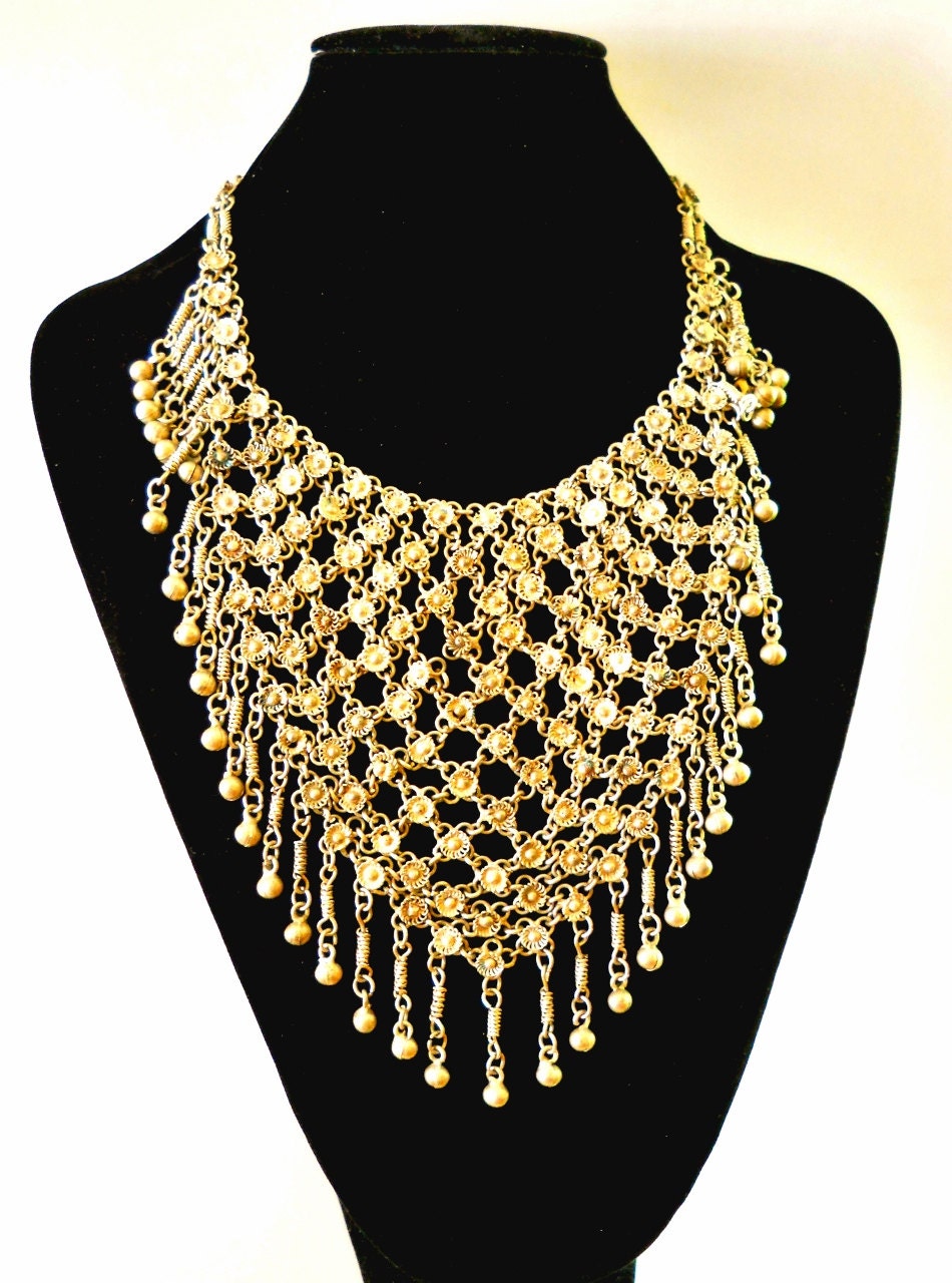 Vintage Ethnc Bib Necklace Chain Link Handmade