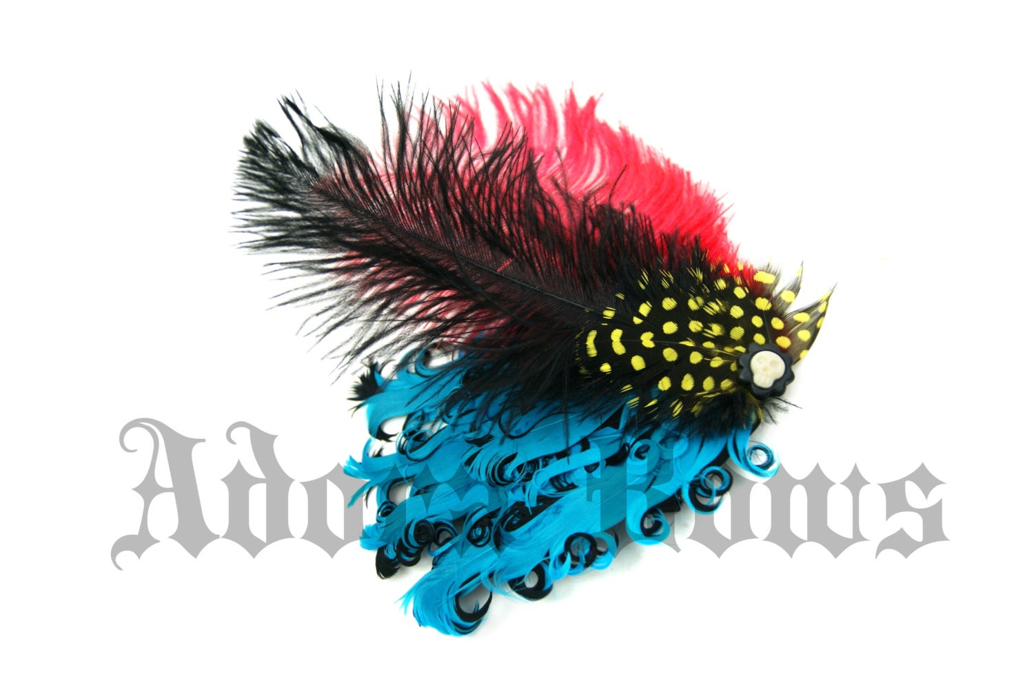 Handmade Ostrich guinea and goose feather fascinator clip w skull red black turquoise yellow gothic glam punk girl woman