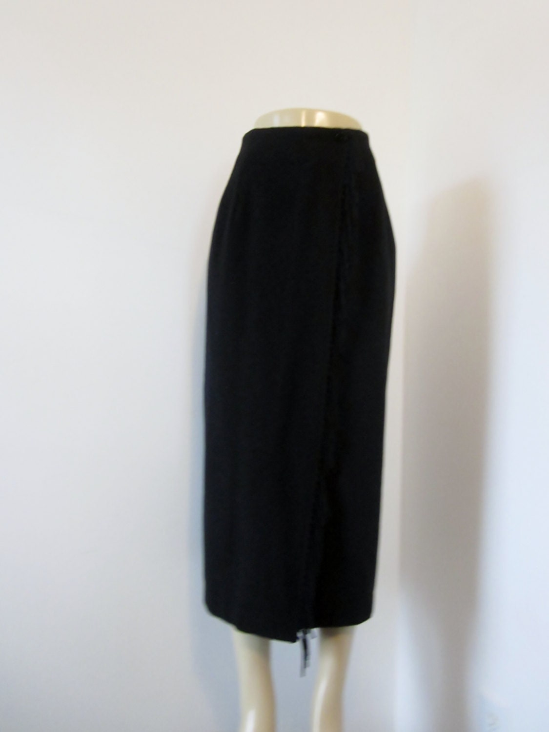 Long Black Wool Skirt with Fringe, Vintage Wrap Around Skirt, Wool Cashmere Maxi Skirt, Womens 6