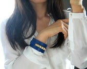 Real Leather Wrist Cuff, Bracelet, Electric Blue with Golden Colored Buckle, with Spike Rivets Studs