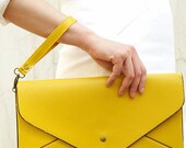 Oversize Vegan Leather Envelope Clutch - Yellow Purse Bag Handbag - Women Ladies - Handmade