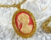 Vintage Pendant Necklace, Coral Celluloid Cameo, Cream Womens Silhouette, Gold Tone Metal Chain, 1970s Romantic Victorian Jewelry