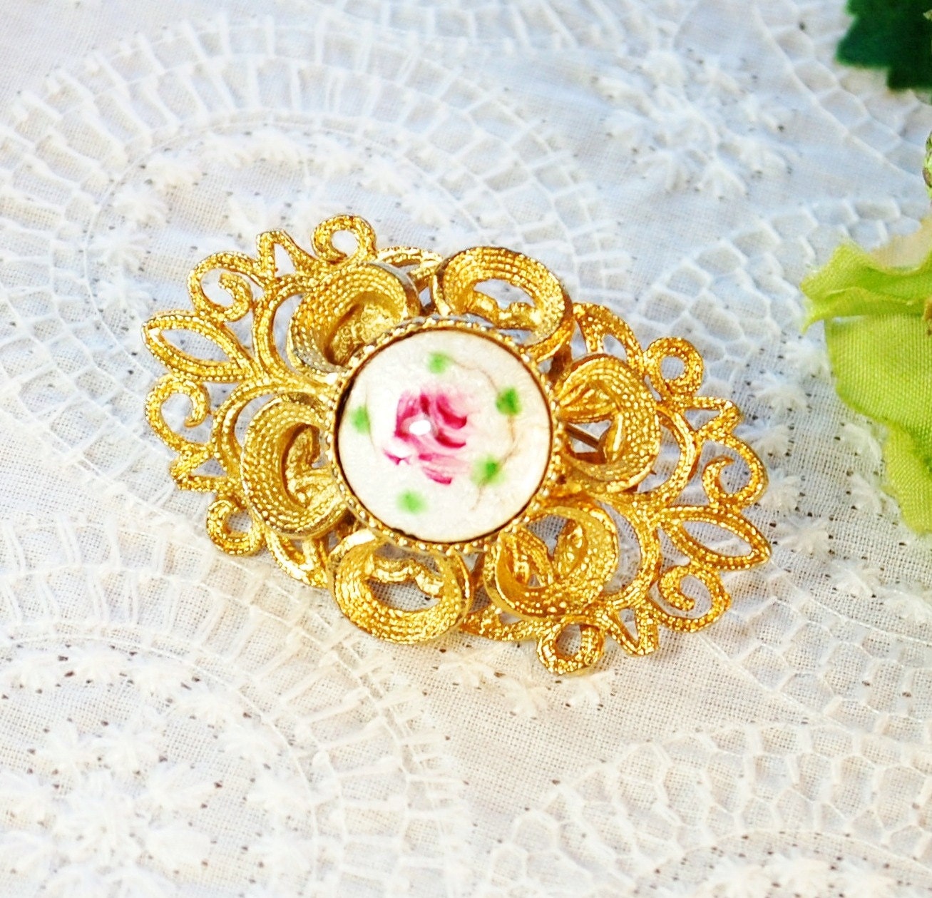 Vintage Cameo Brooch / Pin, White Guilloche Enamel, Pink Rose, Gold Tone Metal Filigree, 1950s Victorian Revival Spring Floral Jewelry
