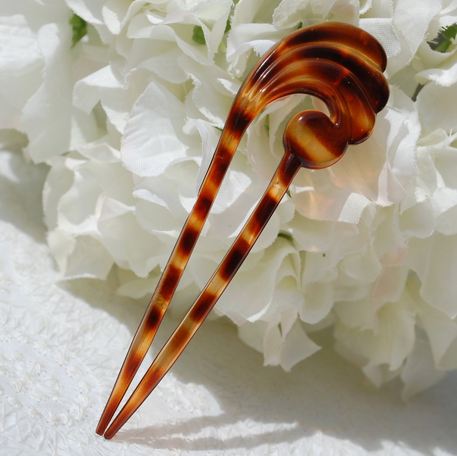 Vintage Hairpin / Hair Pin, Tortoiseshell Celluloid, Tortoise Shell Plastic, Wave, Designer FRANCE, 1970s Wedding Bridal Accessory