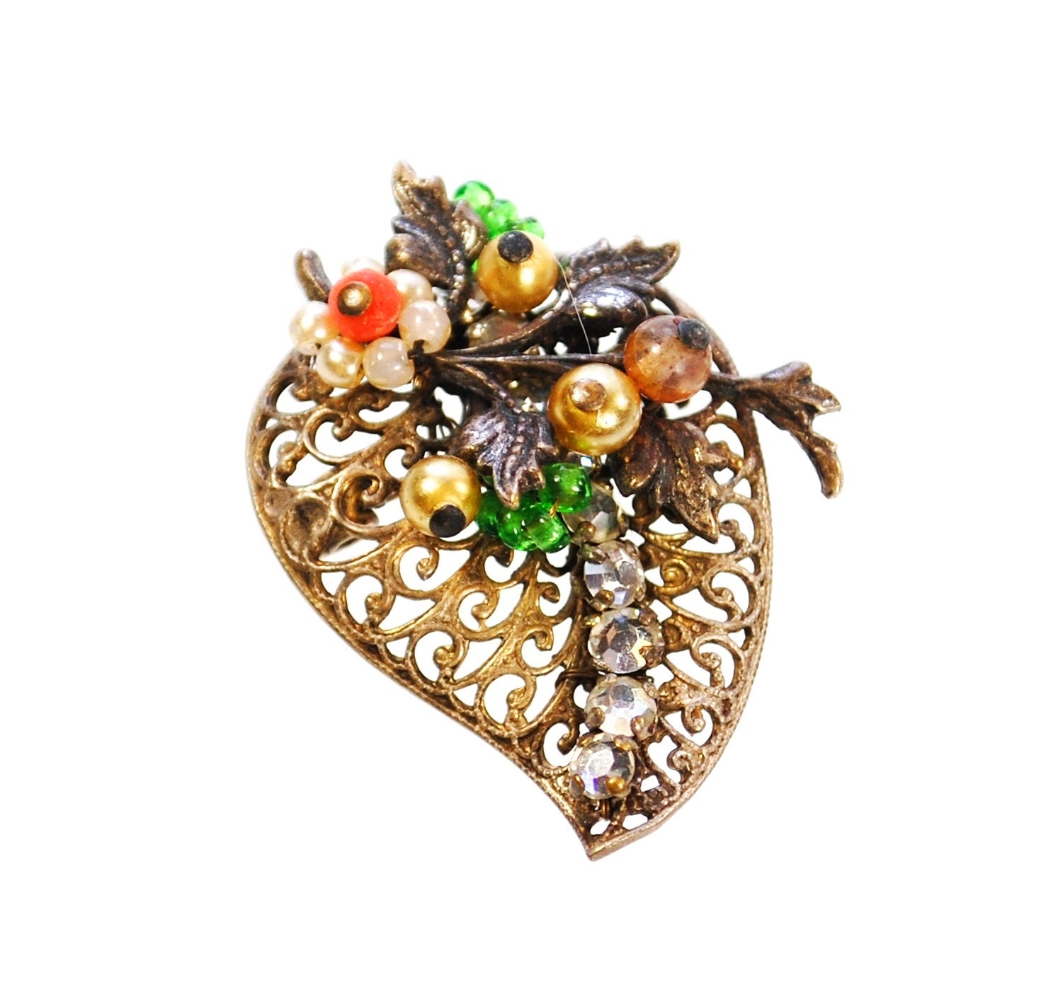 Vintage Leaf Brooch / Pin, Ornate Floral Beadwork, Glass Bead Pearl, Rhinestone, Gold Tone Filigree, Unsigned CORO, 1940s Retro WWII Jewelry