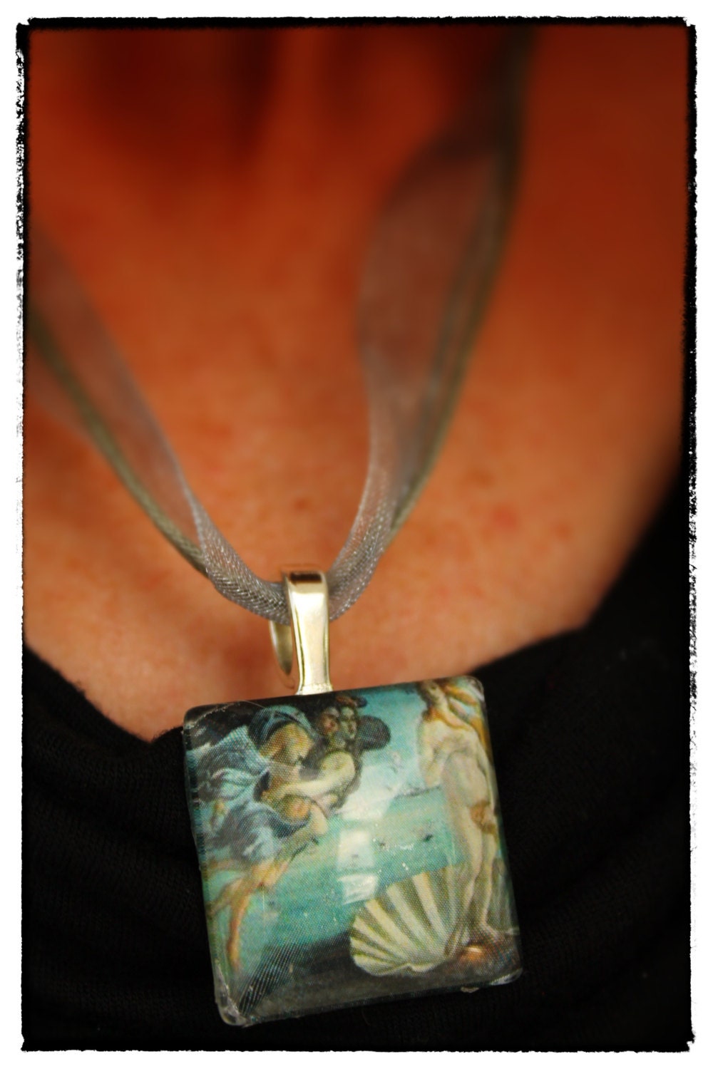 1" Square "Birth of Venus" Handmade Pendant Necklace with Swarovski Crystal Drop Chain