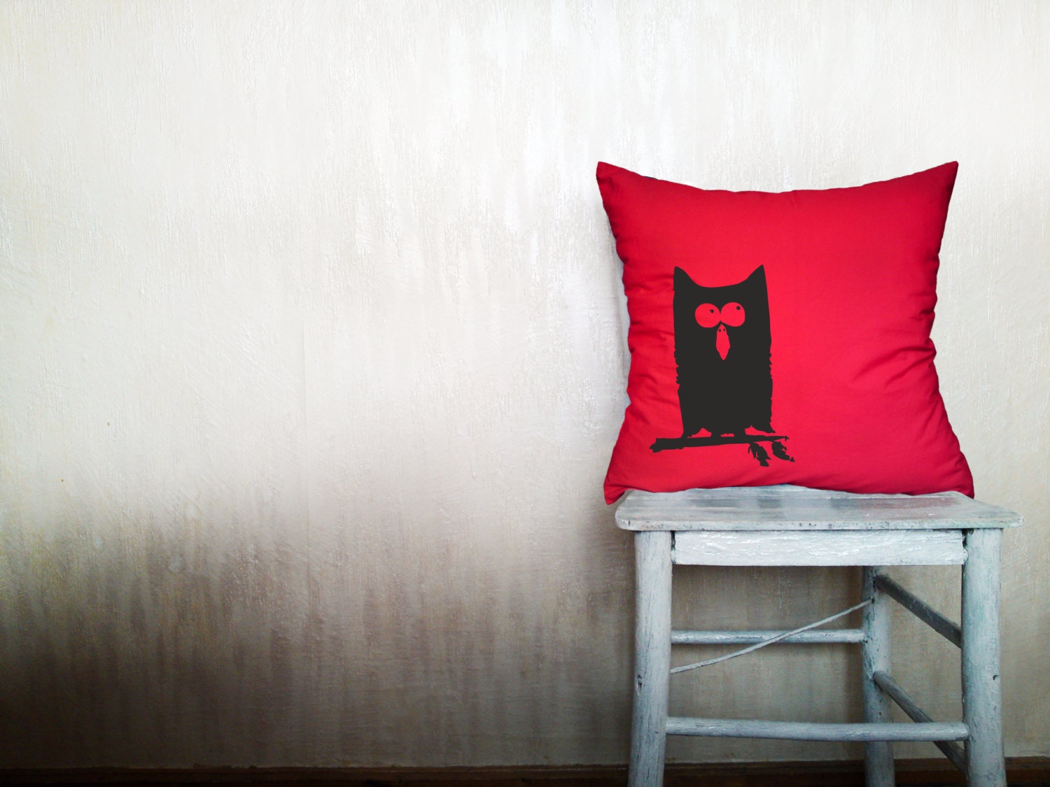 Owl pillow decorative throw pillow cover red cotton toss bird pillow cover hand painted rustic bedding bedroom set 18x18 inches ohtteam