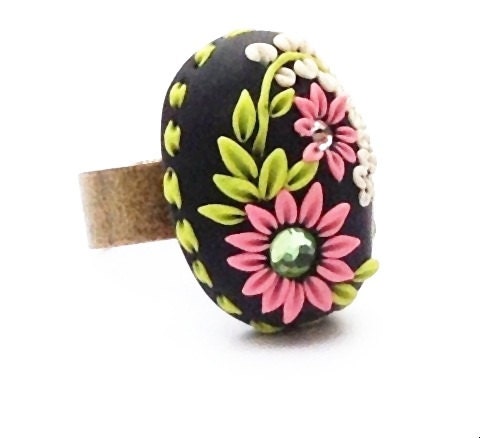 Chunky Cocktail Ring. Handmade Cabochon. Pink and Green. Ring. Clay. Jewelry. Handmade. Mother's Day, Gifts for Mom